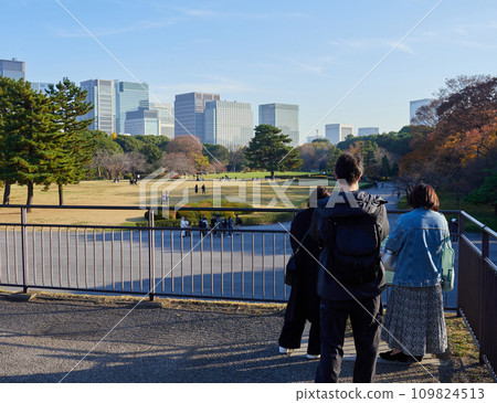 Tourists at the ruins of Edo Castle in Tokyo 109824513