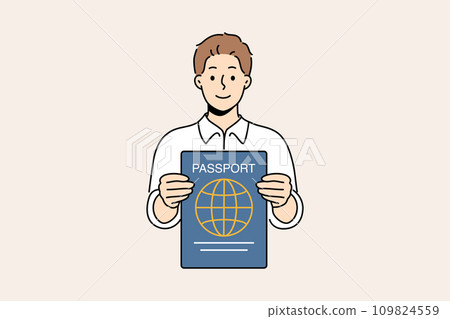 Man with international passport in hands that allows him to travel world and visit new countries Man with international passport in hands that allows him to travel world and visit new countries 109824559