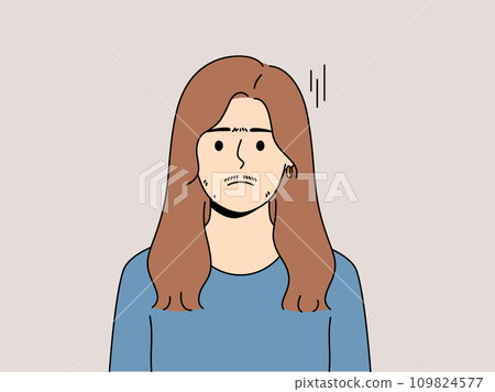 Woman suffering from hirsutism, which causes growth mustache and thick eyebrows on face Woman suffering from hirsutism, which causes growth mustache and thick eyebrows on face 109824577