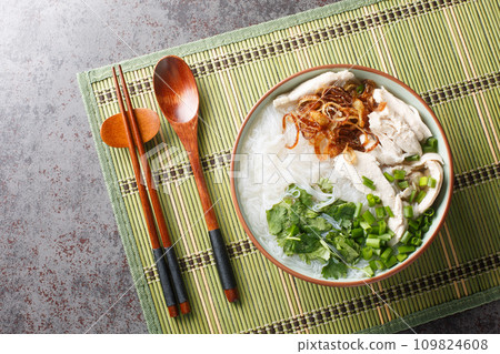 Vietnamese Chicken Glass Noodles Soup closeup on the bowl. Horizontal top view Vietnamese Chicken Glass Noodles Soup closeup on the bowl. Horizontal top view 109824608