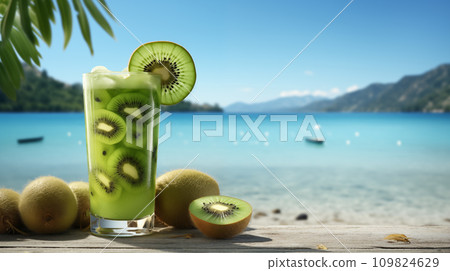Kiwi cocktail illustration beach background with copy space for text 109824629