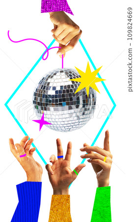 Poster. Contemporary art collage. One hand holds bright shiny discus thrower and rest of hands reach out to it, dancing merrily 109824669