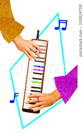 Poster. Contemporary art collage. Hands of unrecognizable people dressed retro outfit playing mouth-organ against white background with lines and notes. Poster. Contemporary art collage. Hands of unrecognizable people dressed retro outfit playing mouth-organ against white background with lines and notes. 109824708