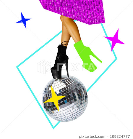 Poster. Contemporary art collage. Female legs on colorful high heels actively dancing on shiny big discus ball against white background. 109824777