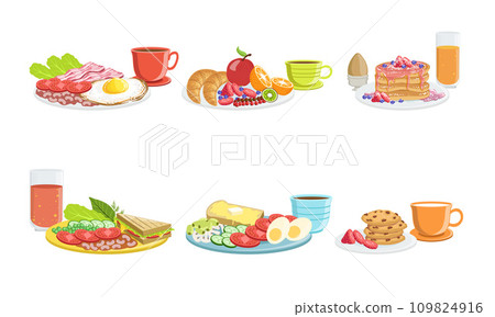 Healthy Breakfast Dishes Set, Classical Menu with Fryed Egg, Ham, Pancakes, Cookies, Sandwich, Fruits, Vegetables and Berries Vector Illustration 109824916