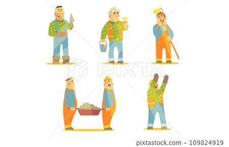 Smiling Repairman Cartoon Characters Set, Cheerful Construction Workers in Uniform and Hardhats with Professional Equipment Vector Illustration Smiling Repairman Cartoon Characters Set, Cheerful Construction Workers in Uniform and Hardhats with Professional Equipment Vector Illustration 109824919