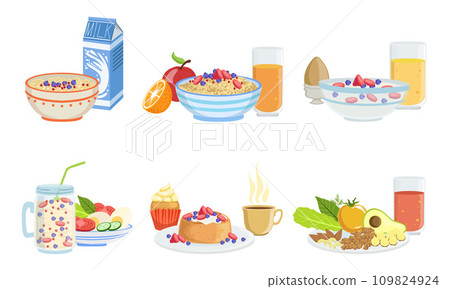 Healthy Breakfast Dishes Set, Classical Menu with Muesli, Oatmeal, Smoothie, Pancakes, Fruits, Vegetables and Berries Vector Illustration 109824924
