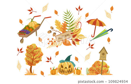 Autumn Season Objects Collection, Autumnal Design Elements, Wheelbarrow with Vegetables, Halloween Pumpkin, Colorful Tree Leaves, Umbrella Vector Illustration 109824934