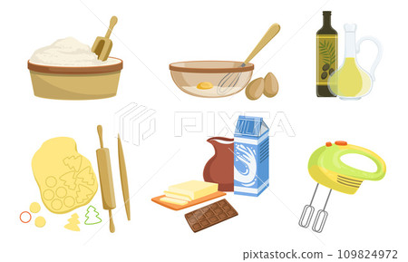 Kitchen Tools And Utensils Set, Baking Ingredients, Bakery Elements Vector Illustration 109824972
