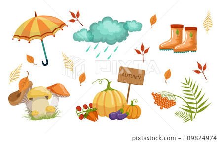 Autumn Season Objects Collection, Autumnal Design Elements, Umbrella, Rainy Cloud, Rubber Boots, Mushrooms, Vegetables, Mountain Ash Leaves Vector Illustration 109824974