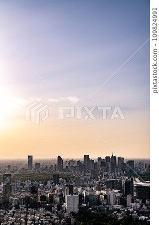 [Tokyo] Urban landscape of Shinjuku subcenter dyed in the setting sun 109824991