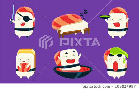 Sushi Cartoon Characters Set, Asian Food, Cute Rolls with Funny Faces in Different Situations and Various Emotions Vector Illustration 109824997
