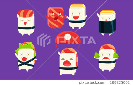Sushi and Sashimi Cartoon Characters Set, Cute Rolls with Funny Faces in Different Situations and Various Emotions Vector Illustration 109825001