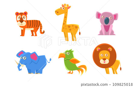 Collection of Cute Exotic Animals, Tiger, Giraffe, Koala, Elephant, Parrot, Lion Vector Illustration 109825018