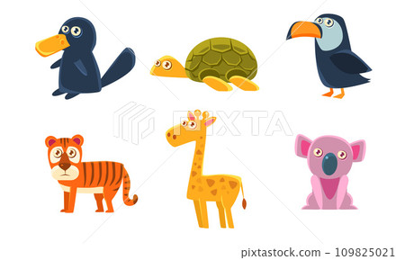 Collection of Cute Exotic Animals, Tiger, Giraffe, Koala, Platypus, Turtle, Toucan Vector Illustration Collection of Cute Exotic Animals, Tiger, Giraffe, Koala, Platypus, Turtle, Toucan Vector Illustration 109825021