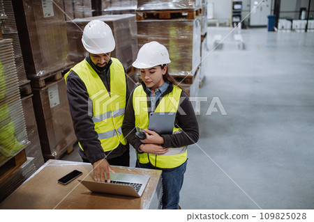 Warehouse manager talking with logistics employee in warehouse, planning transport of products, talking shipping process. 109825028