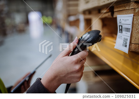 Scanner, scanning the barcodes on products in warehouse. Warehouse manager using warehouse scanning system. 109825031