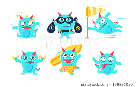 Cute Cartoon Monster Character Set, Funny Blue Devil in Different Situations Vector Illustration 109825050