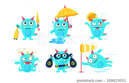 Cute Cartoon Monster Character Set, Funny Devil in Different Situations Vector Illustration Cute Cartoon Monster Character Set, Funny Devil in Different Situations Vector Illustration 109825052
