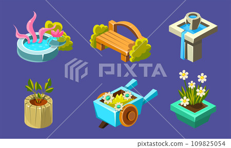 Fantasy Landscape Elements Set, Well, Bench, Waterfall, Flowerbed, Wheelbarrow, User Interface Assets for Mobile App or Video Game Vector Illustration Fantasy Landscape Elements Set, Well, Bench, Waterfall, Flowerbed, Wheelbarrow, User Interface Assets for Mobile App or Video Game Vector Illustration 109825054