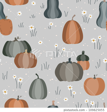 Seamless pattern with pumpkins, and white flowers on grey background vector illustration. Seamless pattern with pumpkins, and white flowers on grey background vector illustration. 109825055