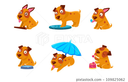 Cute Little Dog Cartoon Character Set, Adorable Brown Puppy in Different Situations Vector Illustration Cute Little Dog Cartoon Character Set, Adorable Brown Puppy in Different Situations Vector Illustration 109825062