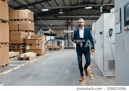 Portrait of male engineer walking in modern industrial factory. Manufacturing facility with robotics and automation. Storing products and materials in warehouse. Portrait of male engineer walking in modern industrial factory. Manufacturing facility with robotics and automation. Storing products and materials in warehouse. 109825086