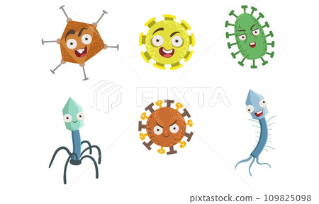 Collection of Cute Funny Microbes, Colorful Bacterias and Pathogens Characters With Various Emotions Vector Illustration 109825098