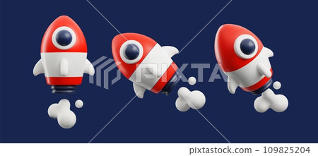 Rocket spaceship upswing and spewing smoke, 3D realistic vector isolated. Rocket spaceship upswing and spewing smoke, 3D realistic vector isolated. 109825204