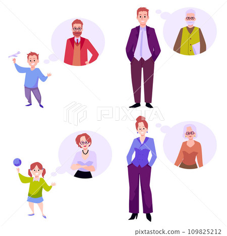 People of different age thinking about their future, flat vector illustration isolated on white background. 109825212