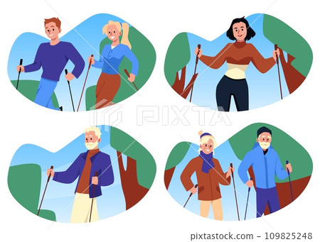 Set of diverse people doing nordic walking, flat vector illustration isolated on white background. 109825248
