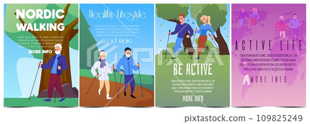 Active people performing nordic walking with sticks in nature, outdoor healthy sport lifestyle vector flat posters set 109825249