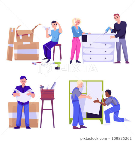 People assemble furniture, set of flat vector illustration isolated on white. People assemble furniture, set of flat vector illustration isolated on white. 109825261