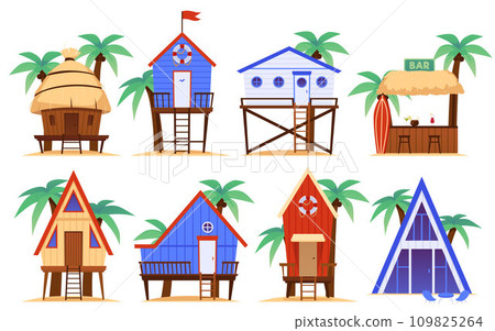 Beach bungalow houses or resort huts set, flat vector illustration isolated. 109825264