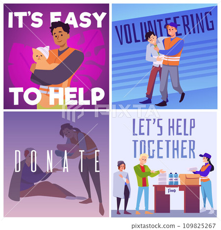 Volunteers helping after an accident, catastrophe, natural disaster, Lets help together, Donate vector flat posters set Volunteers helping after an accident, catastrophe, natural disaster, Lets help together, Donate vector flat posters set 109825267