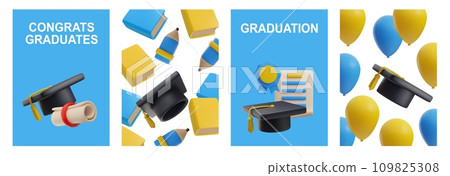 Set of realistic 3d vector banners, illustrations of Graduate college, high school or university hat Set of realistic 3d vector banners, illustrations of Graduate college, high school or university hat 109825308