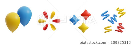 Set of realistic 3d vector illustrations of colorful balls, flowers, stars, strokes isolated on white background Set of realistic 3d vector illustrations of colorful balls, flowers, stars, strokes isolated on white background 109825313