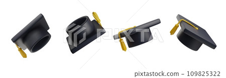 Set of graduation caps from different angles, 3d vector illustration isolated on white background. Set of graduation caps from different angles, 3d vector illustration isolated on white background. 109825322