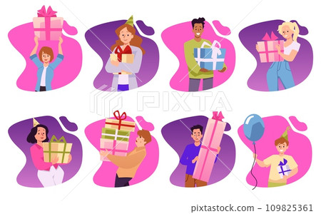 Happy diverse people holding gift boxes, set of vector illustrations isolated on white background. 109825361
