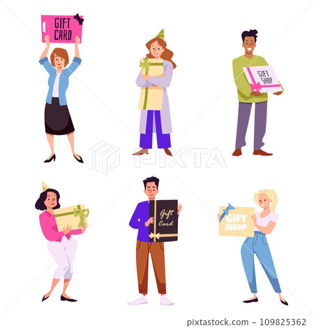 Happy people with gift shop cards, excited receive present, surprise, bonus or loyalty cartoon vector illustrations set Happy people with gift shop cards, excited receive present, surprise, bonus or loyalty cartoon vector illustrations set 109825362