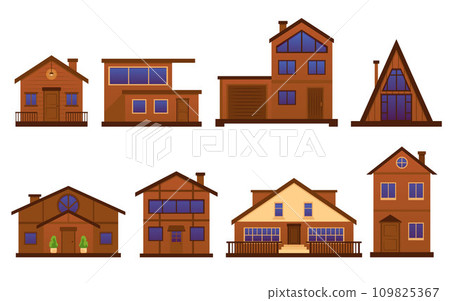 Set of cozy wooden houses, flat vector illustration isolated on white background. 109825367
