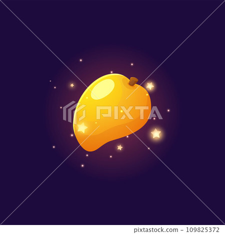 Whole mango with sparkles vector illustration, fresh exotic tropical orange fruit, healthy natural food, game asset 109825372