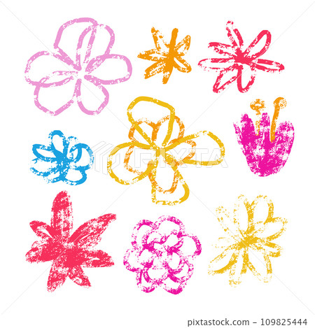 Head of a flowers wax crayon collection. Children drawling style color flower set. Hand drawn wax crayons art on white background. Isolated chalk style icons. Freehand colorful flower clip art. 109825444