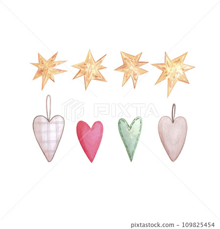 Hand drawn watercolor stars and hearts. Christmas illustration isolated on white background. Can be used for cards, label and other printed products. 109825454