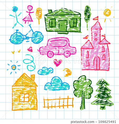 Children's drawings set. House, castle, tree, car and clouds. Color wax pencil vector illustration. Hand drawn funny scribble. Small kid's sketch 109825491