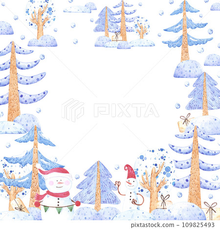 Hand drawn watercolor winter new year forest with snowmen border. Fairy illustration isolated on white background. Can be used for label, postcard, and other printed products. 109825493