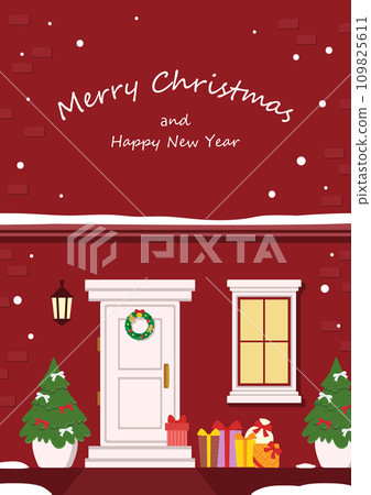 Christmas card depicting a snowy front door on Christmas night, red background 109825611