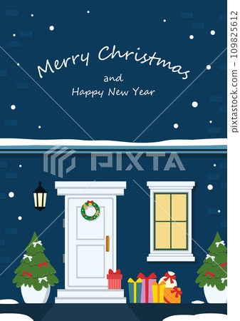 Christmas card depicting a snowy entrance door on Christmas night, dark blue background 109825612
