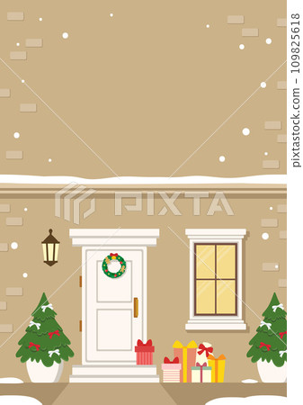 Illustration of front door and window with Christmas decorations, background beige 109825618