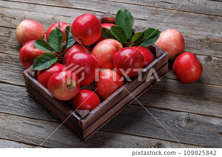 Wooden box with fresh red apples 109825842